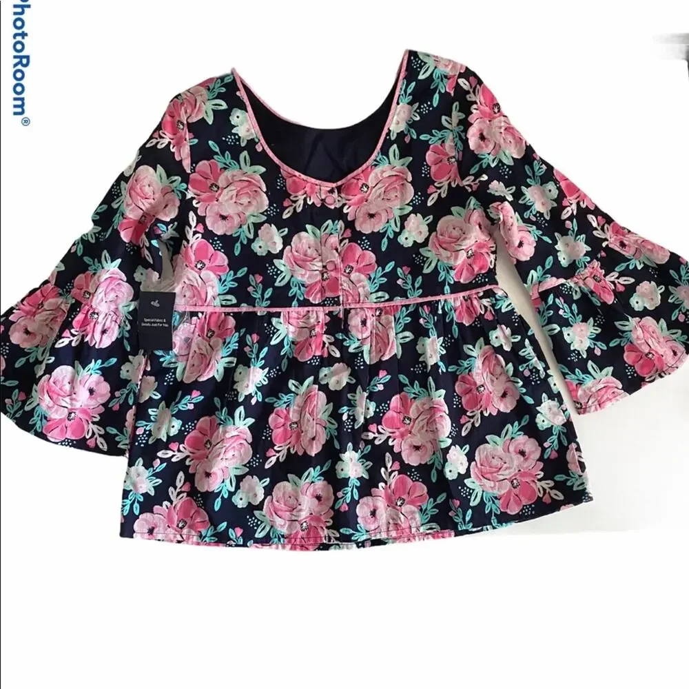 Crown & Ivy kids top floral bell sleeves bow NWT M